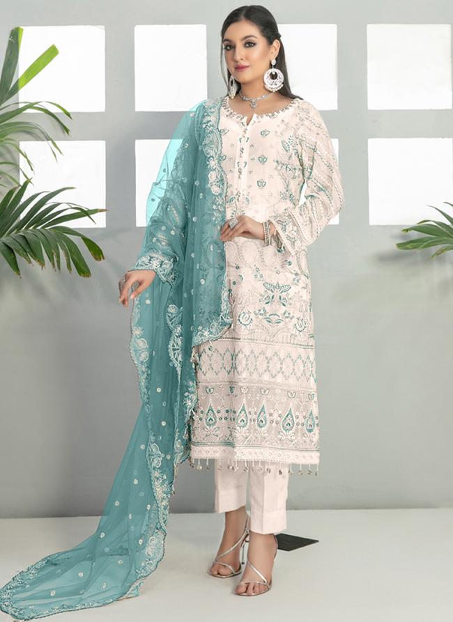 Faux Georgette White Blue Traditional Wear Embroidery Work Pakistani Suit